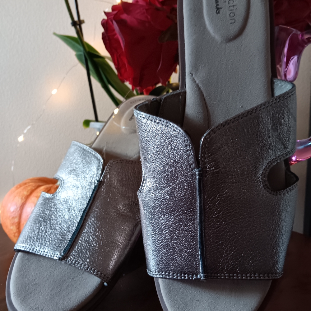 Clarks Metallic Silver Slide Sandals